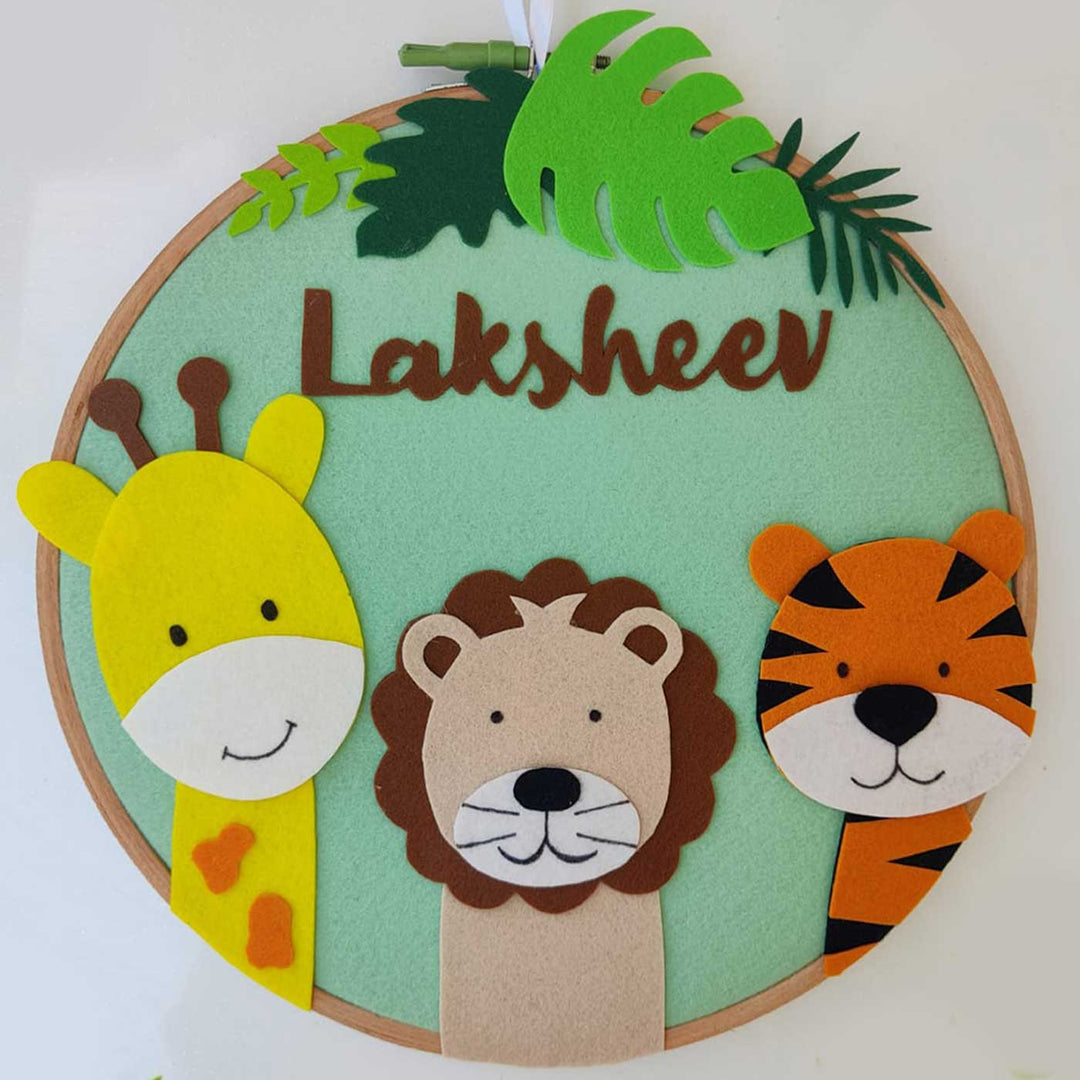 Personalized Handmade Giraffe, Tiger, And Lion Felt Hoop Name Plate