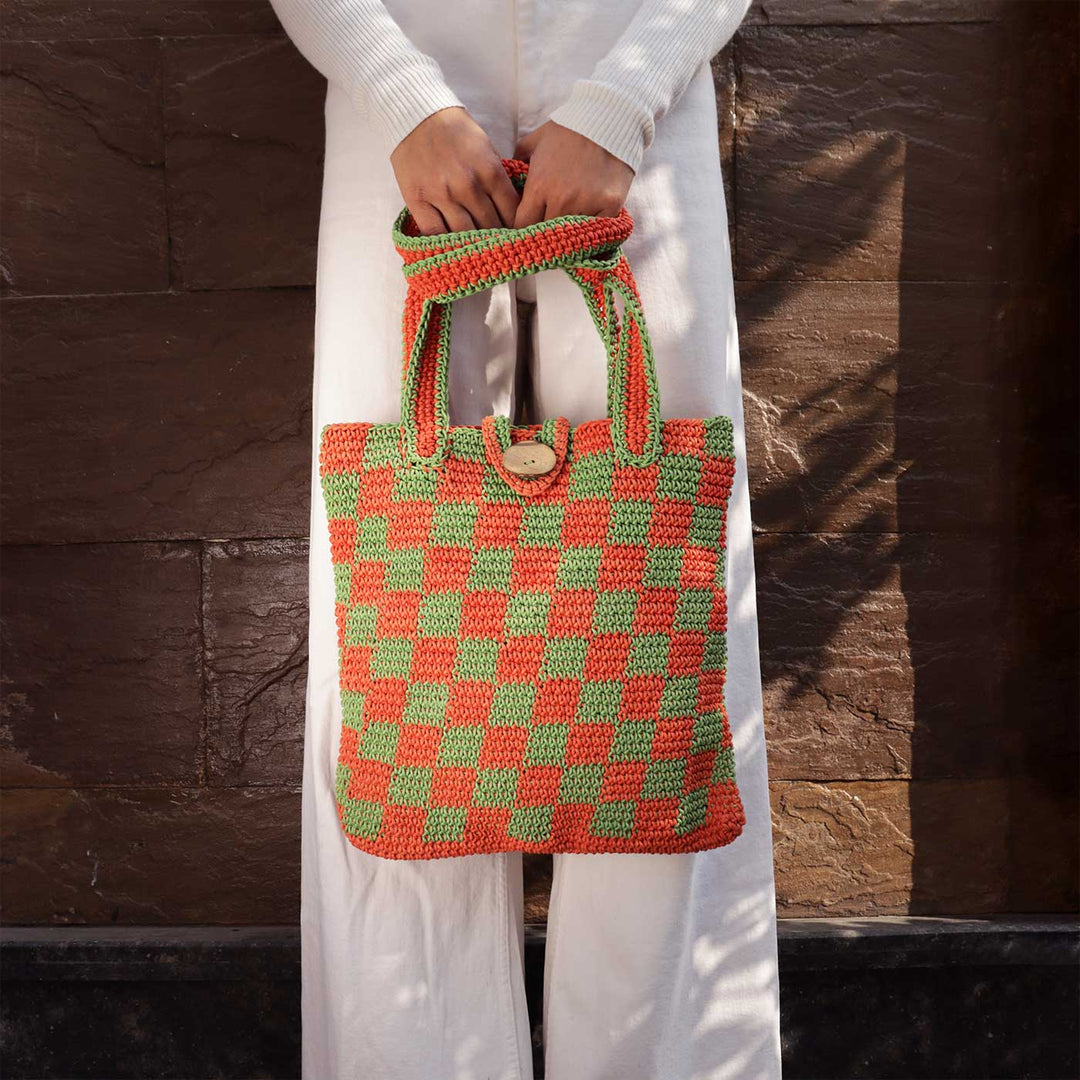 Handmade Crochet Checkered Tote Bag