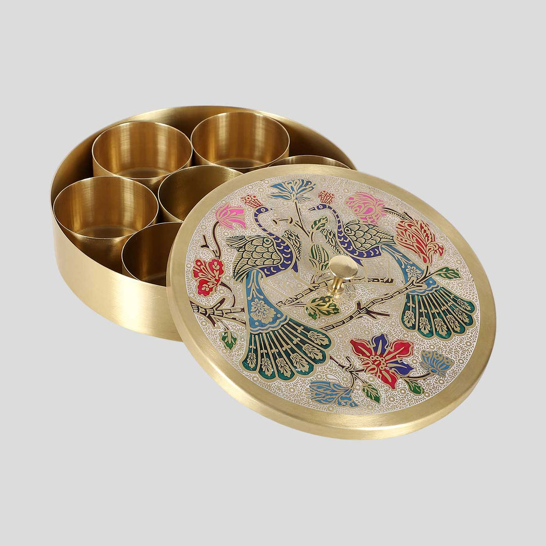 Handmade Round Peacock Brass Masala Box | Set Of 9