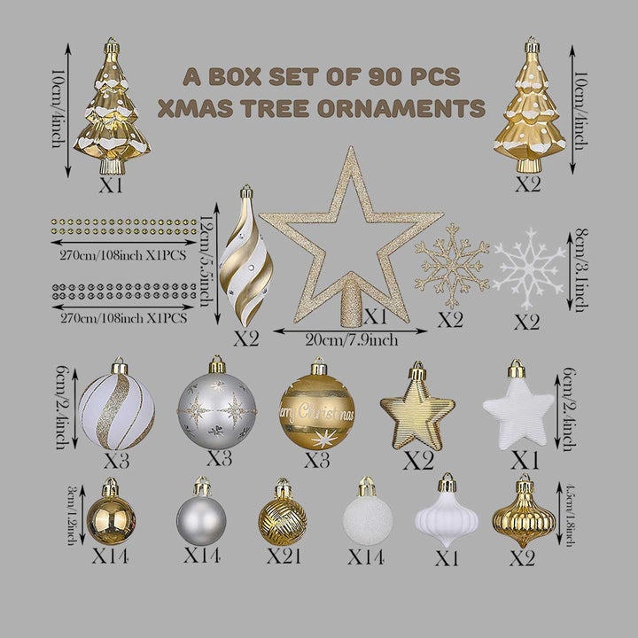 Gold & White Christmas Ball Ornaments For Decoration | Set of 90