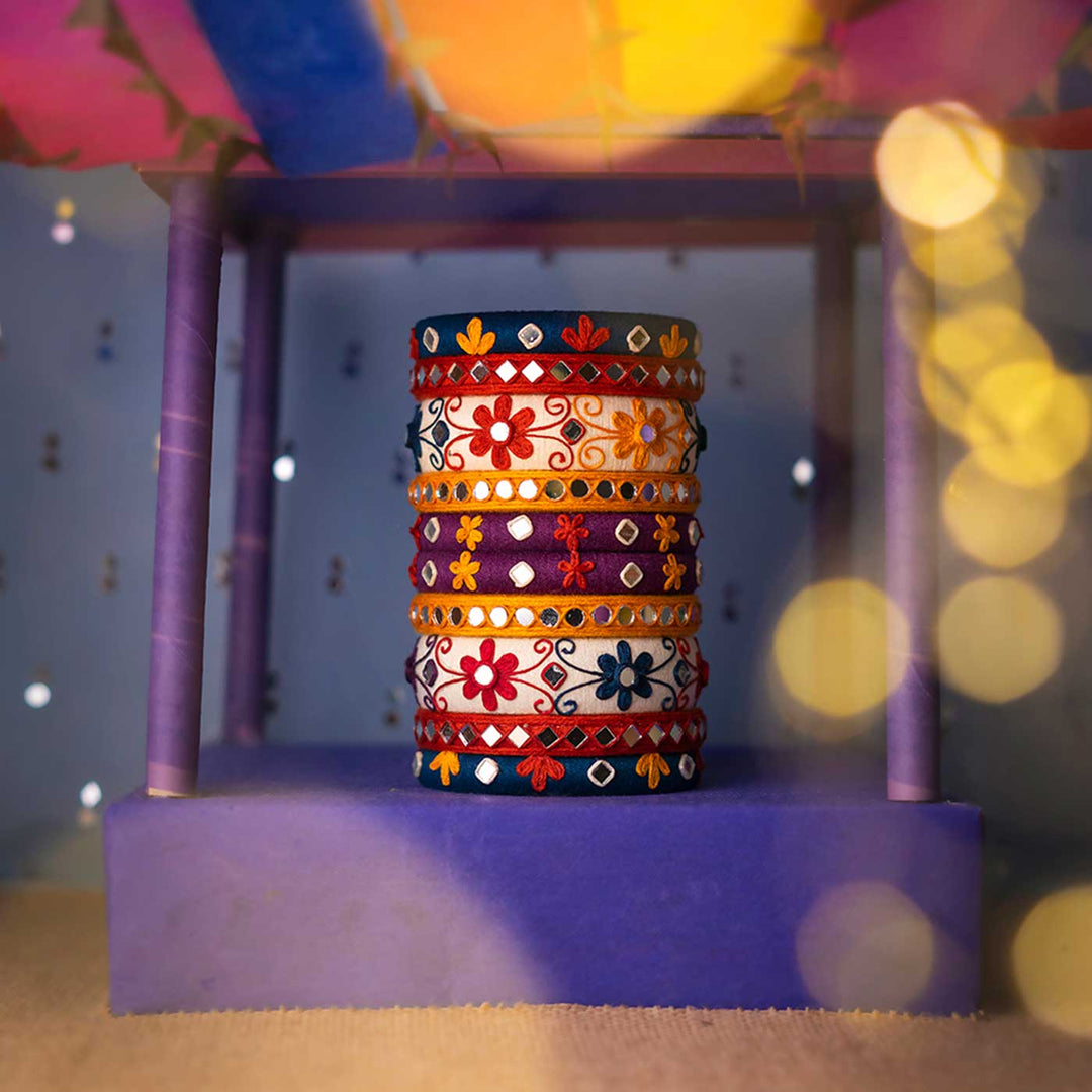 Multicolour Handcrafted Parul Flower Embroidery Work Bangles | Set of 10