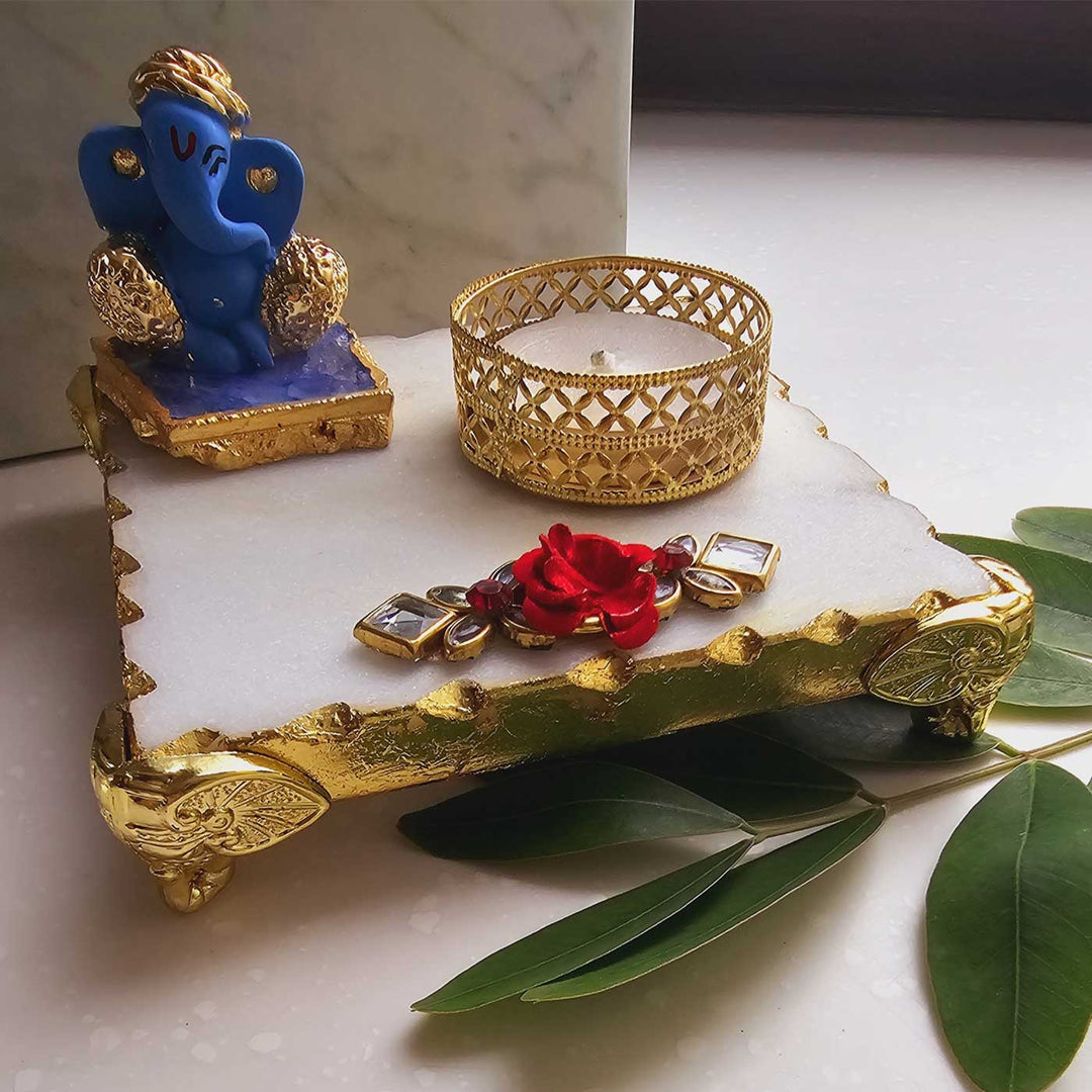 Handmade Blue Ganesha With Marble Pooja Chowki And Tea Light Holder