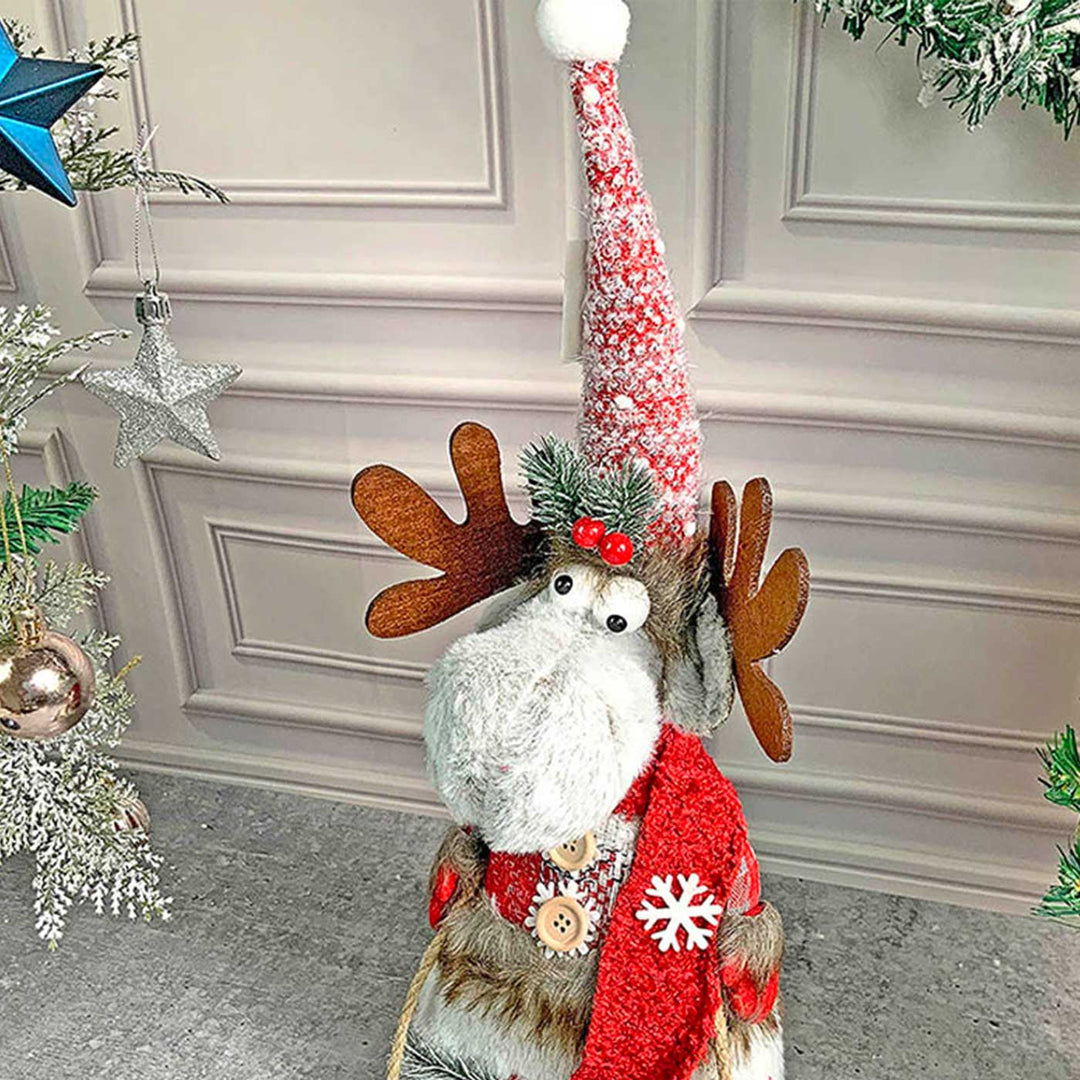 Grey & Red Deer On Snow Sledge Woolen Decor For Christmas Table Decoration