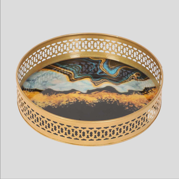 Handmade Round Blue & Black Metal Meena Tray | Set Of 2