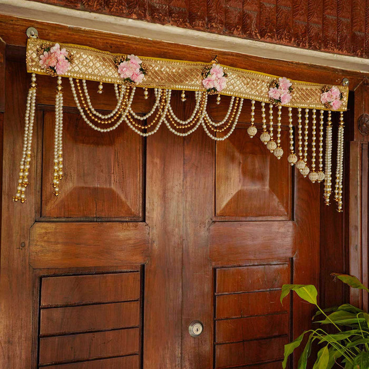 Handmade Gold And White Moti Toran With Pink Flowers