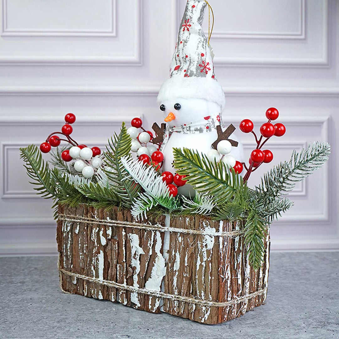 Snowman With Big Rectangular Log Wooden Decor For Christmas Table Decoration