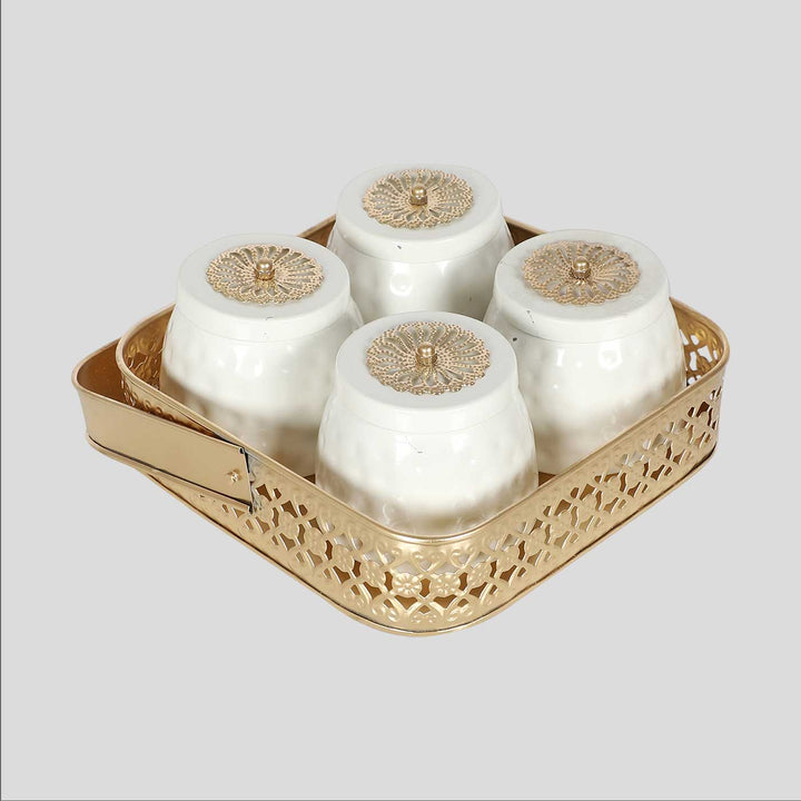 Handmade Gold & White Basket With Jar | Set Of 5