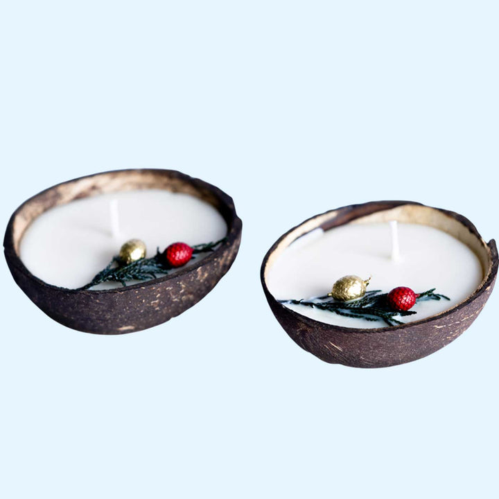 Eco-friendly Handmade Scented Coconut Shell Candles For Christmas Decoration | Set Of 2