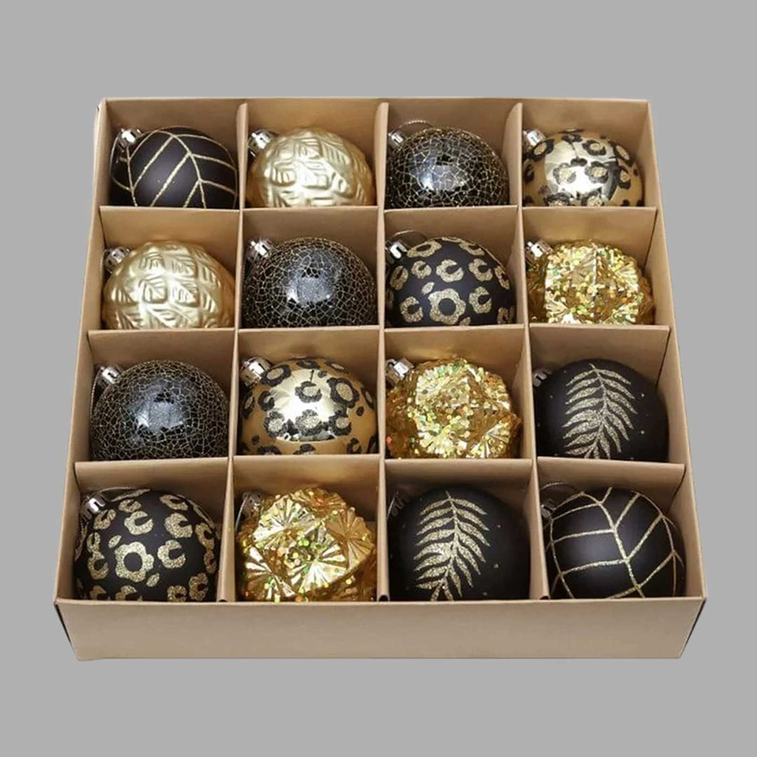 Black & Gold theme Shimmer Christmas Ball Ornaments For Decoration | Set of 16