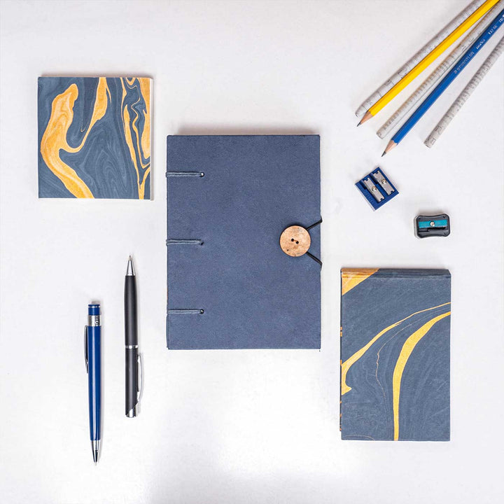 Handmade Unruled Blue Button Journal, Notepad & Pocket Diary | 120 Gsm | Set Of 3