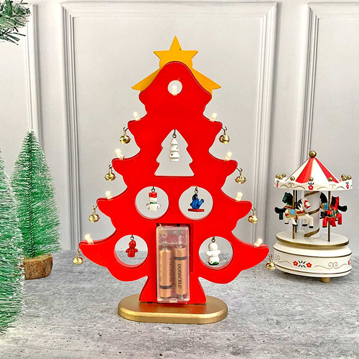 Red Xmas Tree With Led Light Wooden DIY Kit For Christmas Table Decoration | Set Of 15