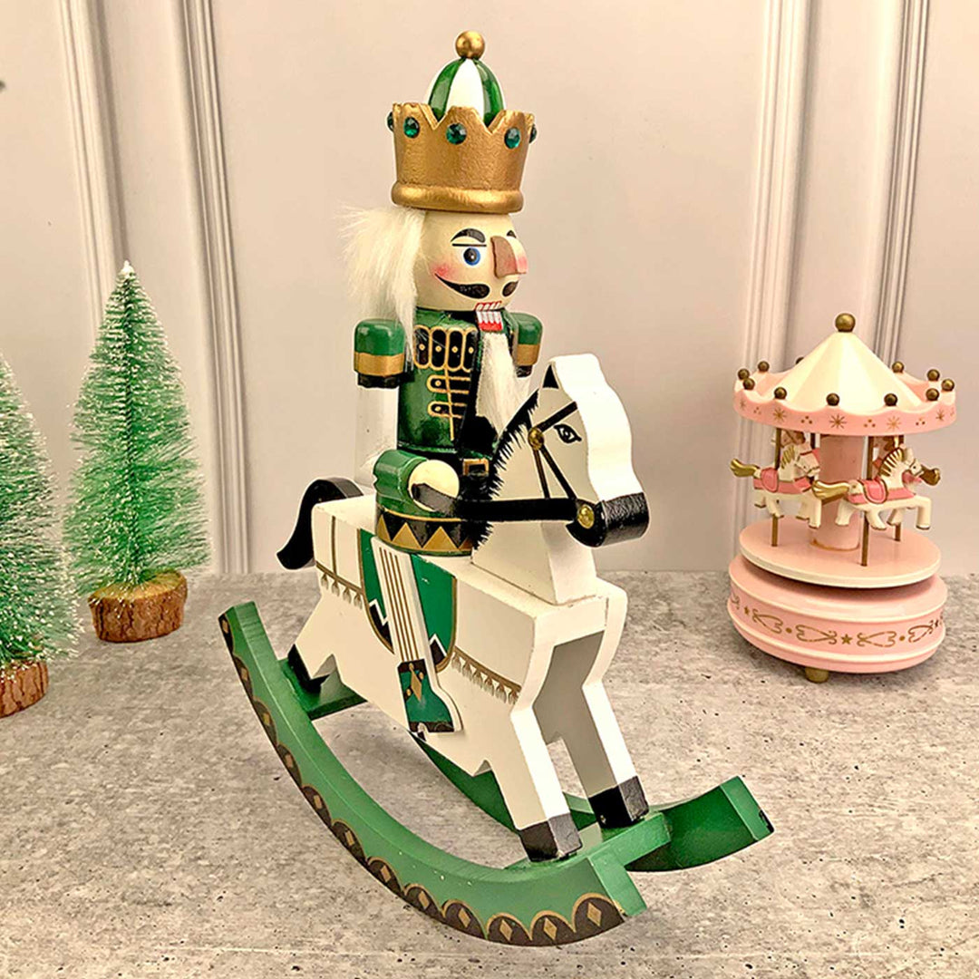 Green Rocking Horse King Nutcracker Self-Standing Wooden Decor For Christmas Table Decoration