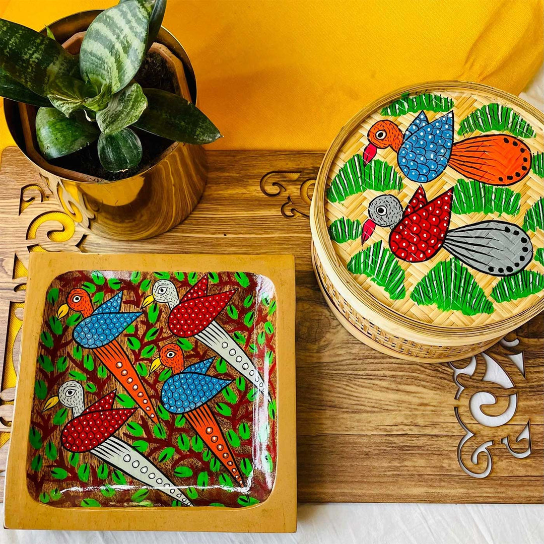 Hand-Painted Pattachitra Chiraiya Wooden Hamper | Set Of 2