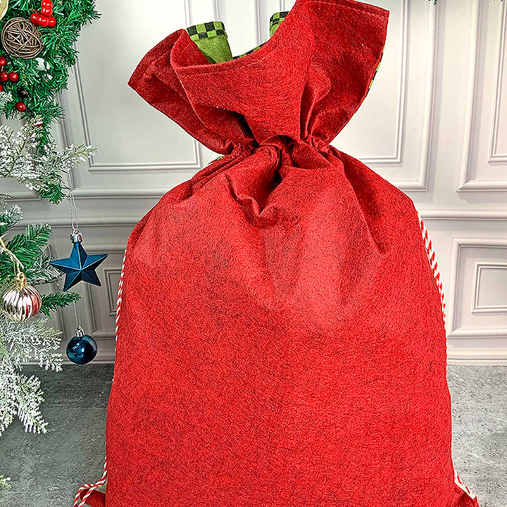 Handmade Snow Red & Green Checks Plush Fabric Gift Sacks For Christmas Decoration