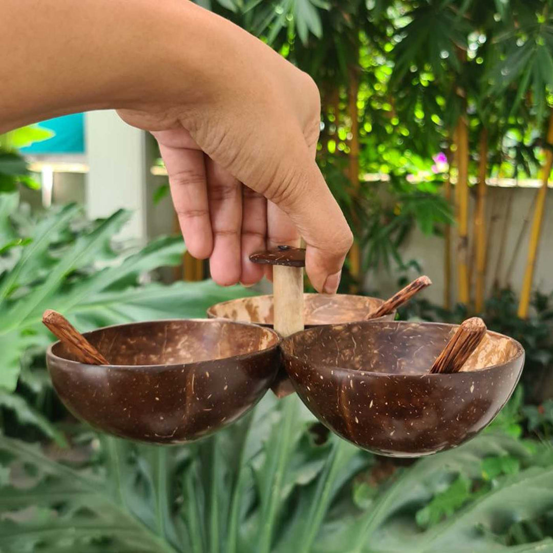 Eco-Friendly Handmade Three Bowl Coconut Shell Serving Set