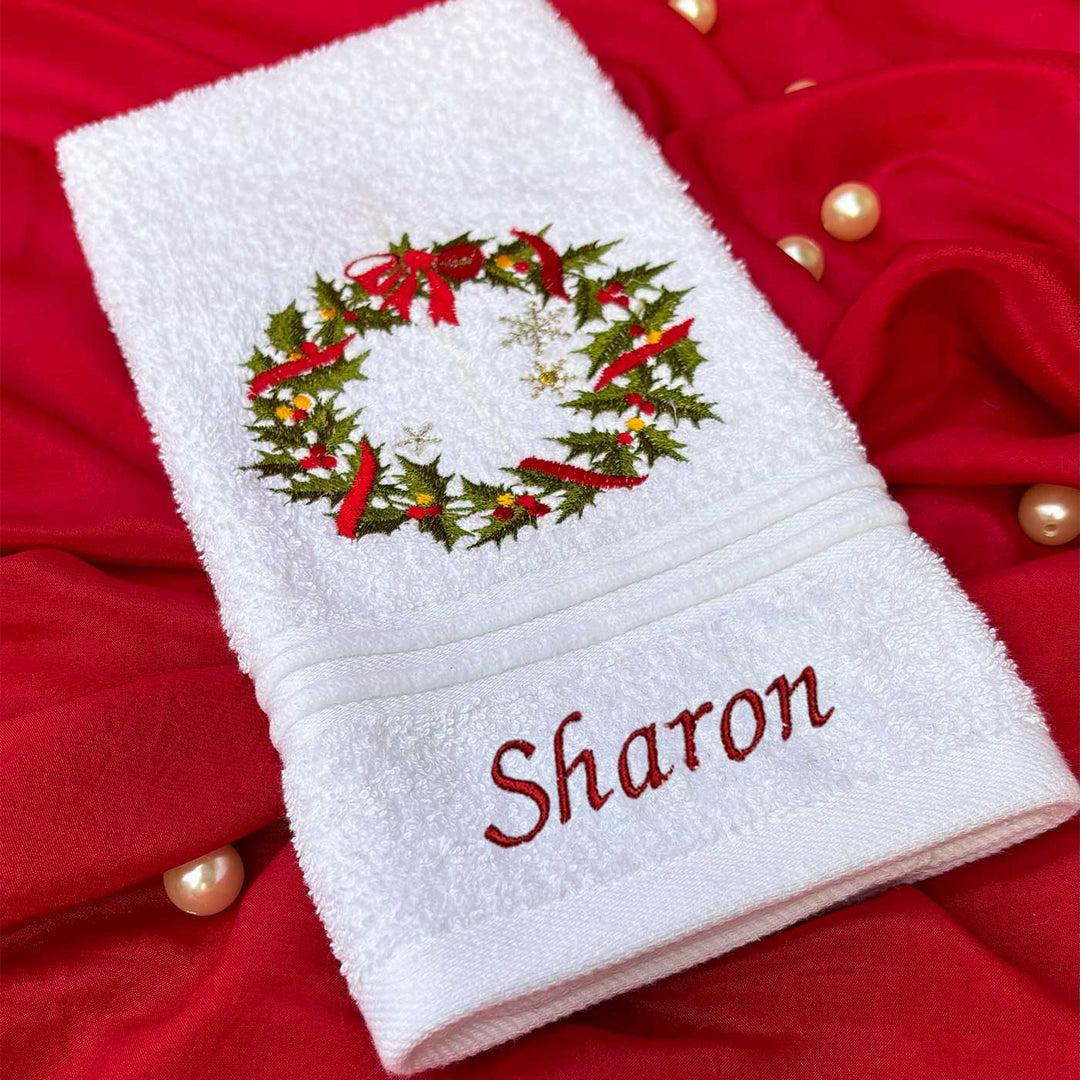 Personalized Pine Bow, Christmas Wreath & Holly Leaves Embroidered Towel & Candle Hamper | Xmas Gifting Ideas | Set Of 6