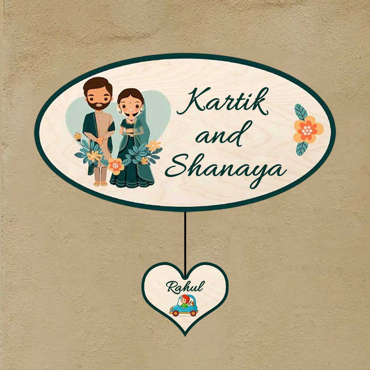 Printed Wooden Oval Character Nameplate For Couples