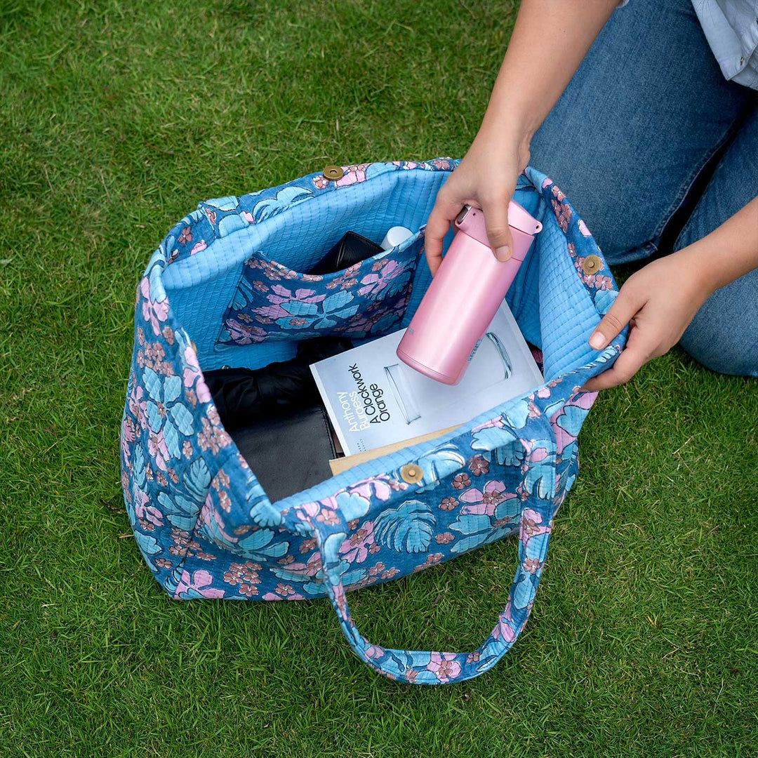 Block Printed Floral Breeze Convertible Quilted Cotton Tote Bag