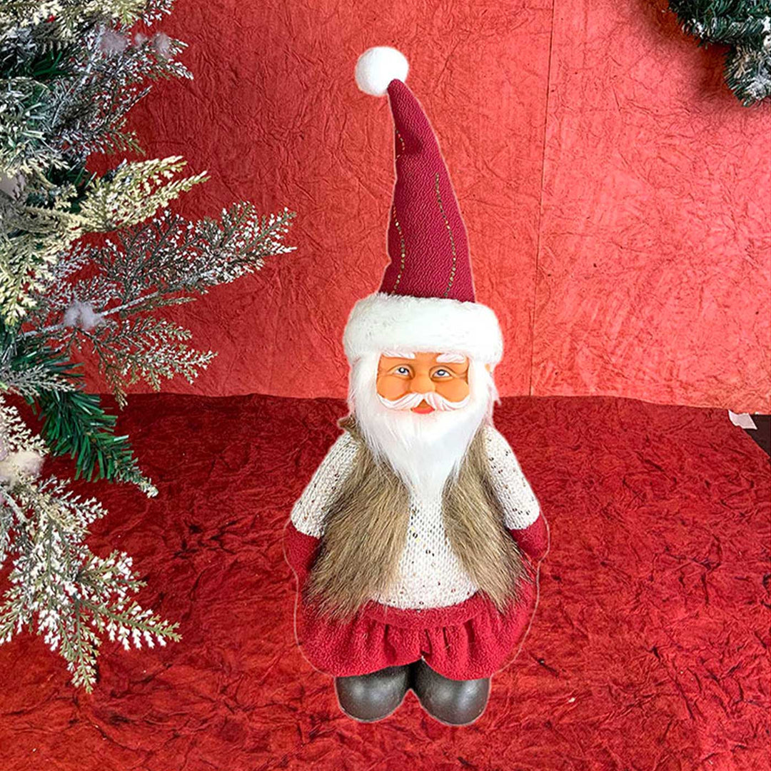 Cream Maroon Gold Self-Standing Santa Woolen Decor For Christmas Table Decoration