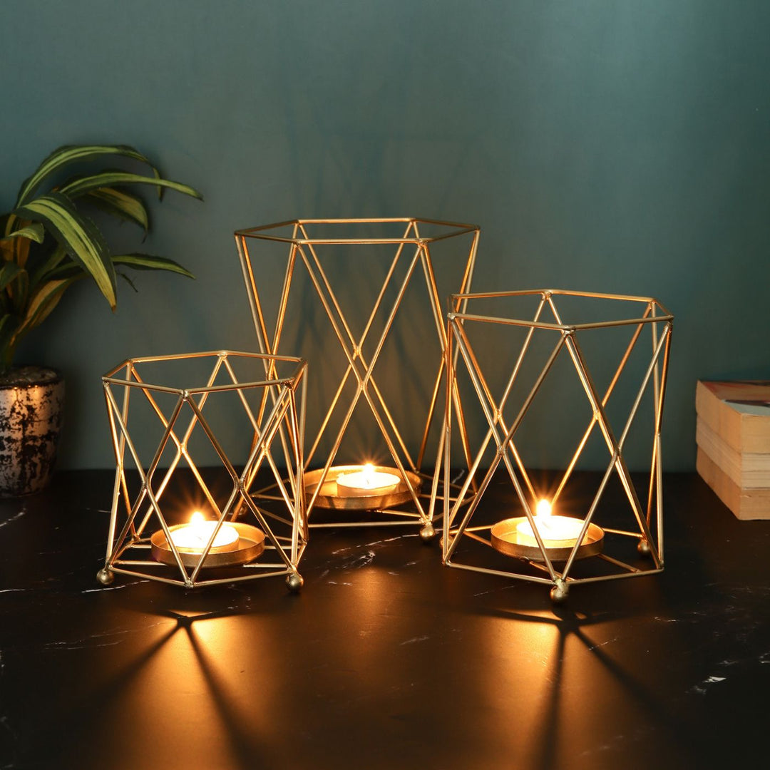 Handmade Golden Iron Candle Holder | Set Of 3