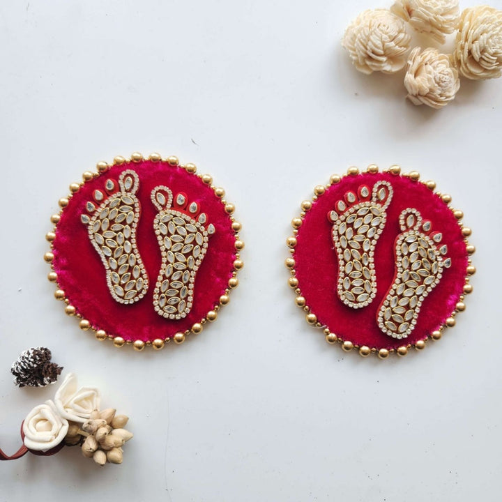 Handmade Red & Gold Mdf Wood Lakshmi Charan | Set of 2