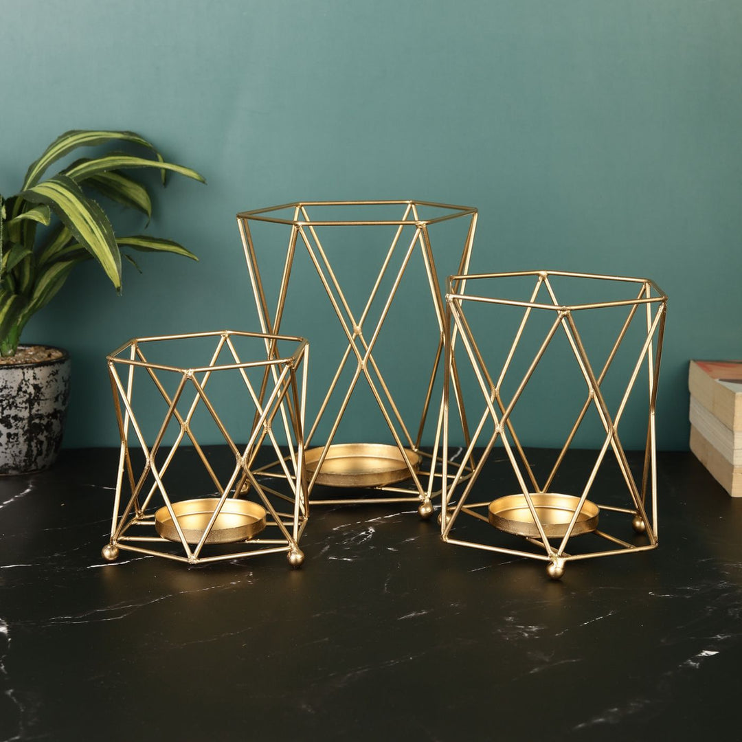 Handmade Golden Iron Candle Holder | Set Of 3