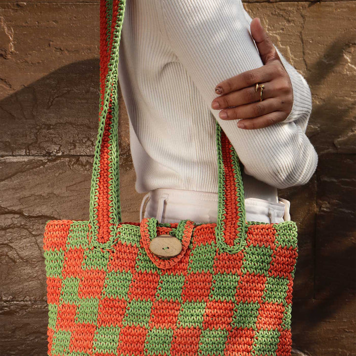 Handmade Crochet Checkered Tote Bag