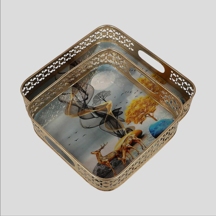 Handmade Square Gold Deer Tray | Set Of 2