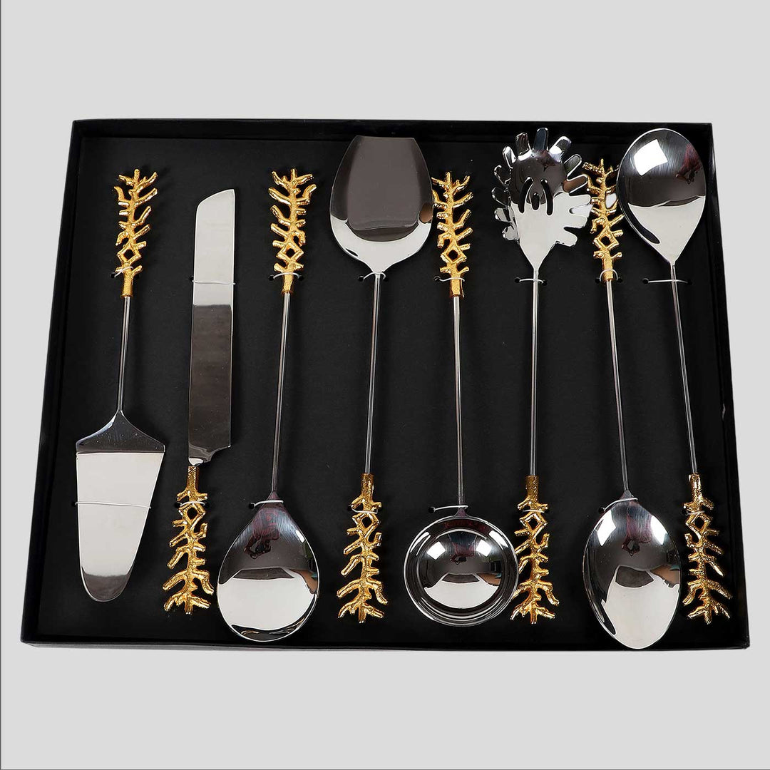 Handmade Gold Stem Design Steel Serving Set | Set Of 8