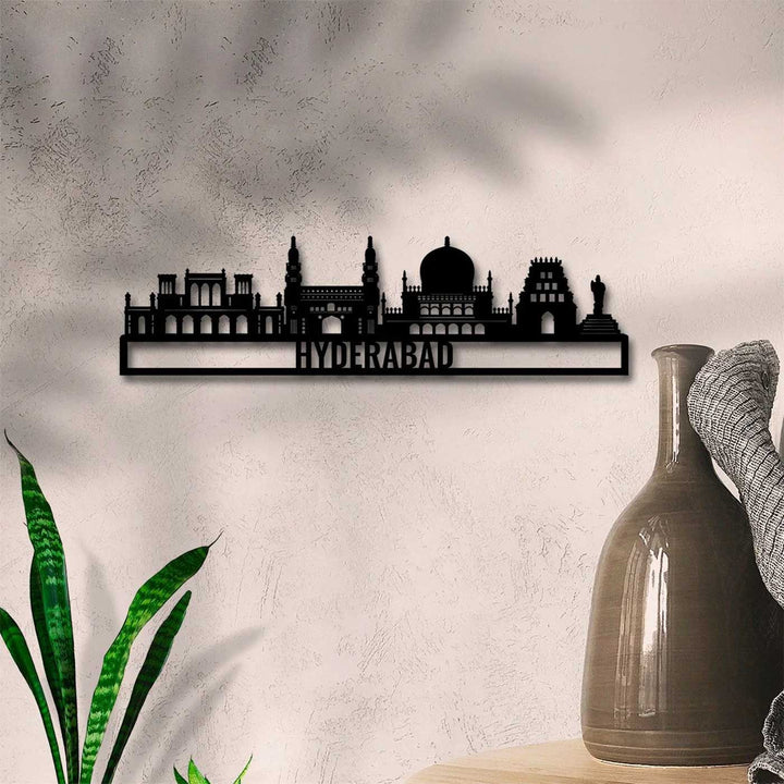 Printed Black Wooden Hyderabad City Skyline Wall Decor