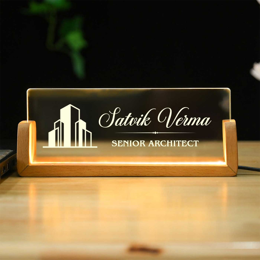 Personalized Architect Sleek Glass Desk Nameplate With LED Light