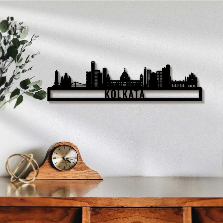 Printed Black Wooden Kolkata City Skyline Wall Decor