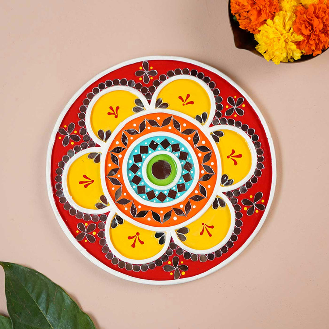 Handmade Lippan Rangoli Wooden Tealight Holder