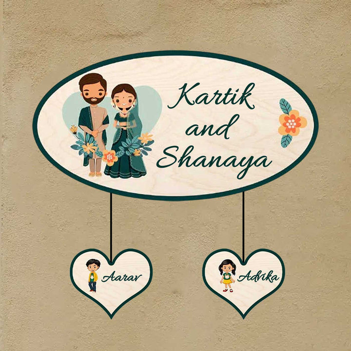 Printed Wooden Oval Character Nameplate For Couples