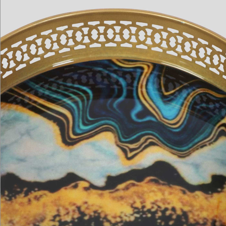 Handmade Round Blue & Black Metal Meena Tray | Set Of 2