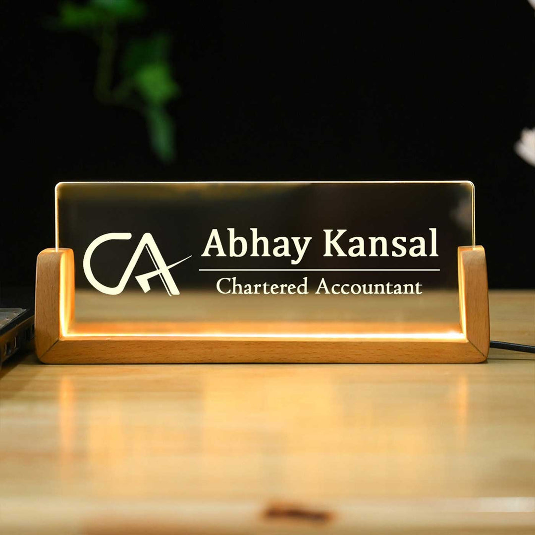 Personalized Chartered Accountant Sleek Glass Desk Nameplate With LED Light