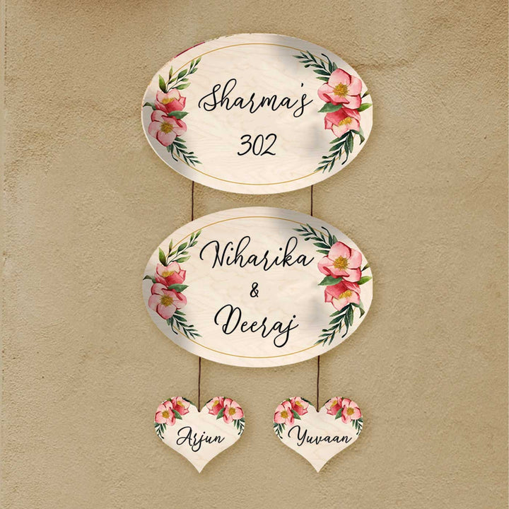 Printed Floral Wooden Oval Nameplate For Couples