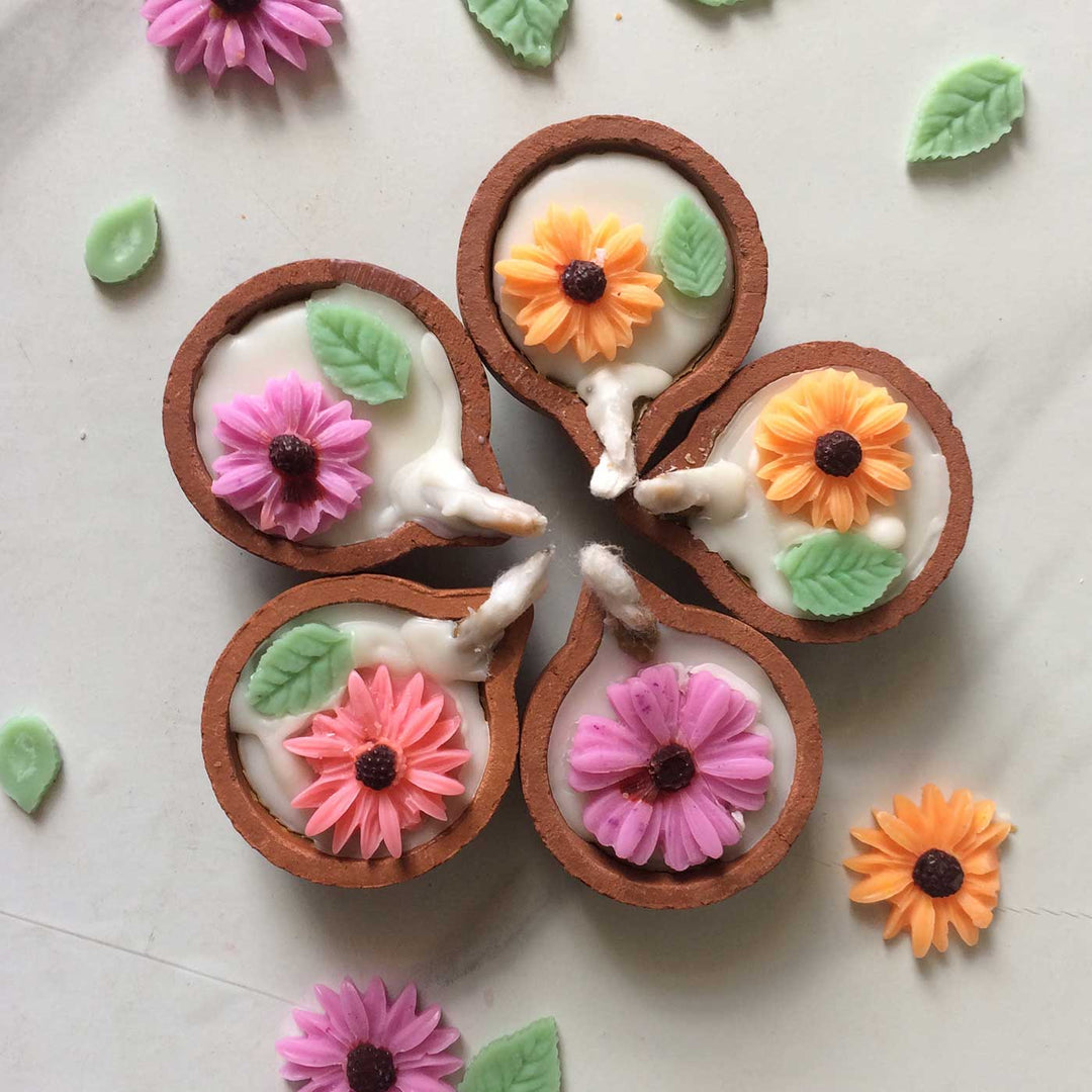 Handmade Traditional Terracotta Floral Candle | Set Of 5