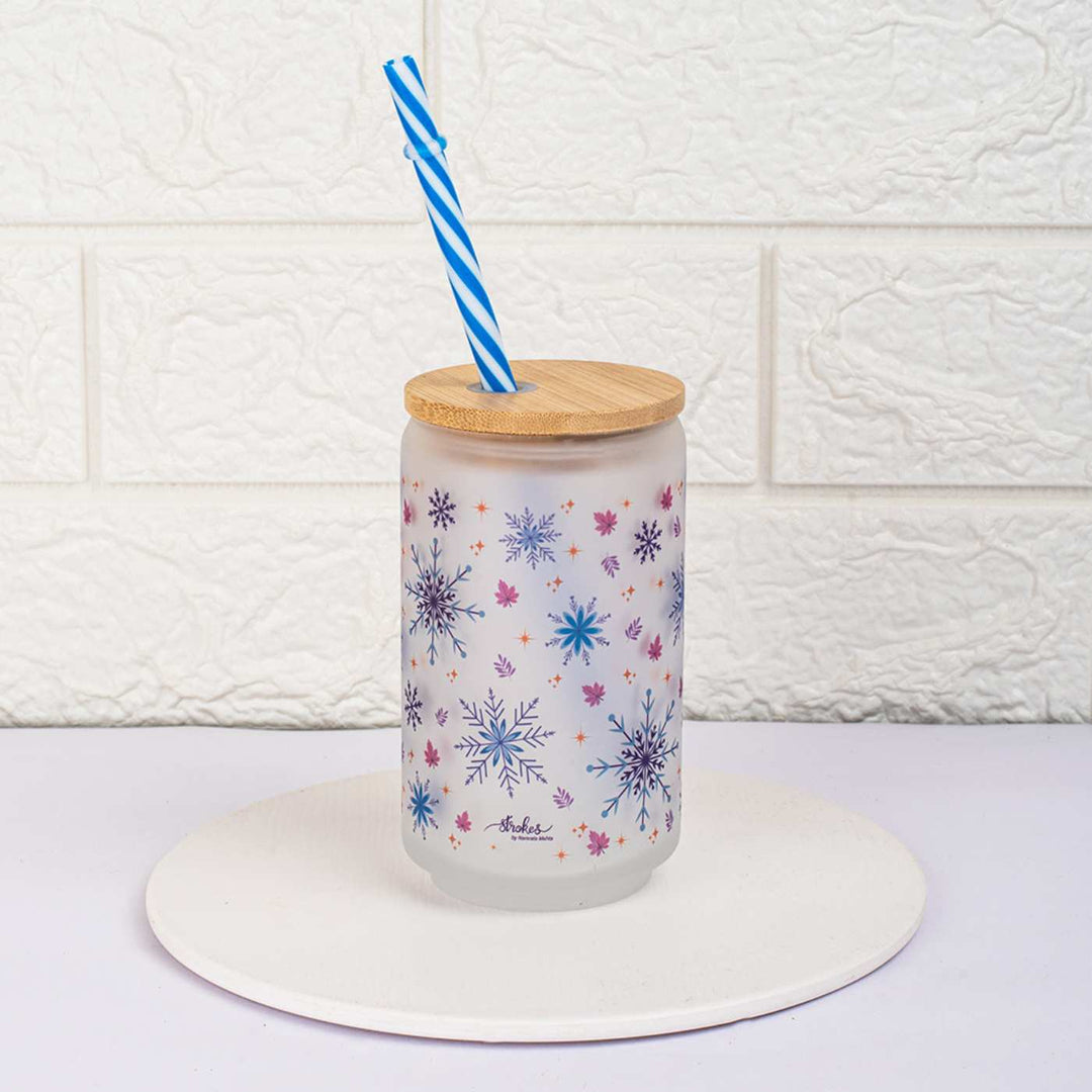 Frosted Printed Mason Jar with Wooden Lid & Straw | 350 ml