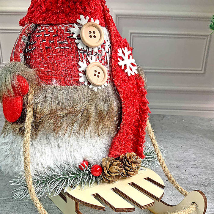 Grey & Red Deer On Snow Sledge Woolen Decor For Christmas Table Decoration