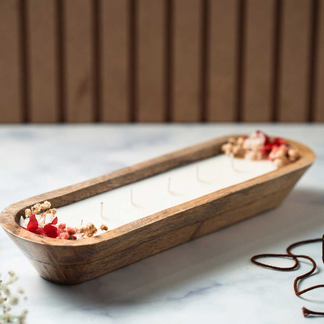 12 Inch | Handmade Wooden Boat Shaped Wax Scented Candle With Dry Flowers