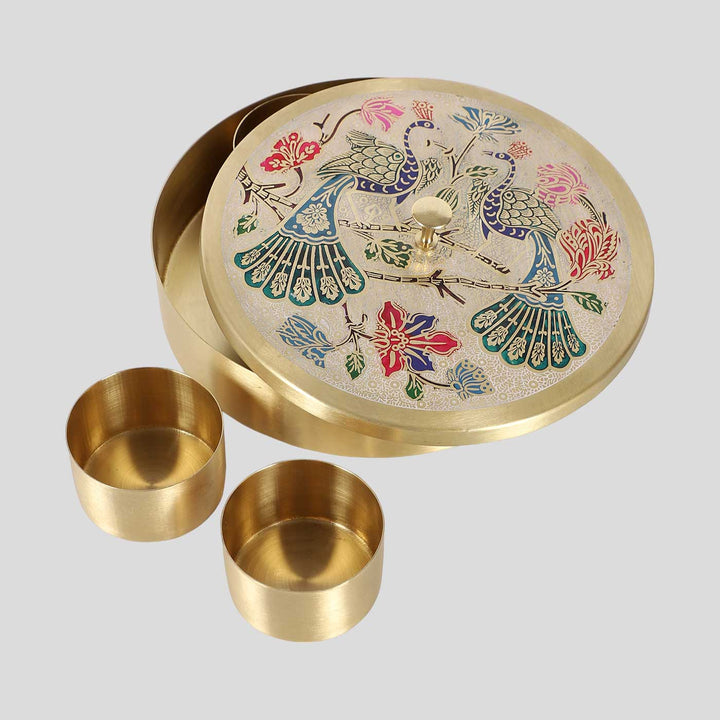 Handmade Round Peacock Brass Masala Box | Set Of 9