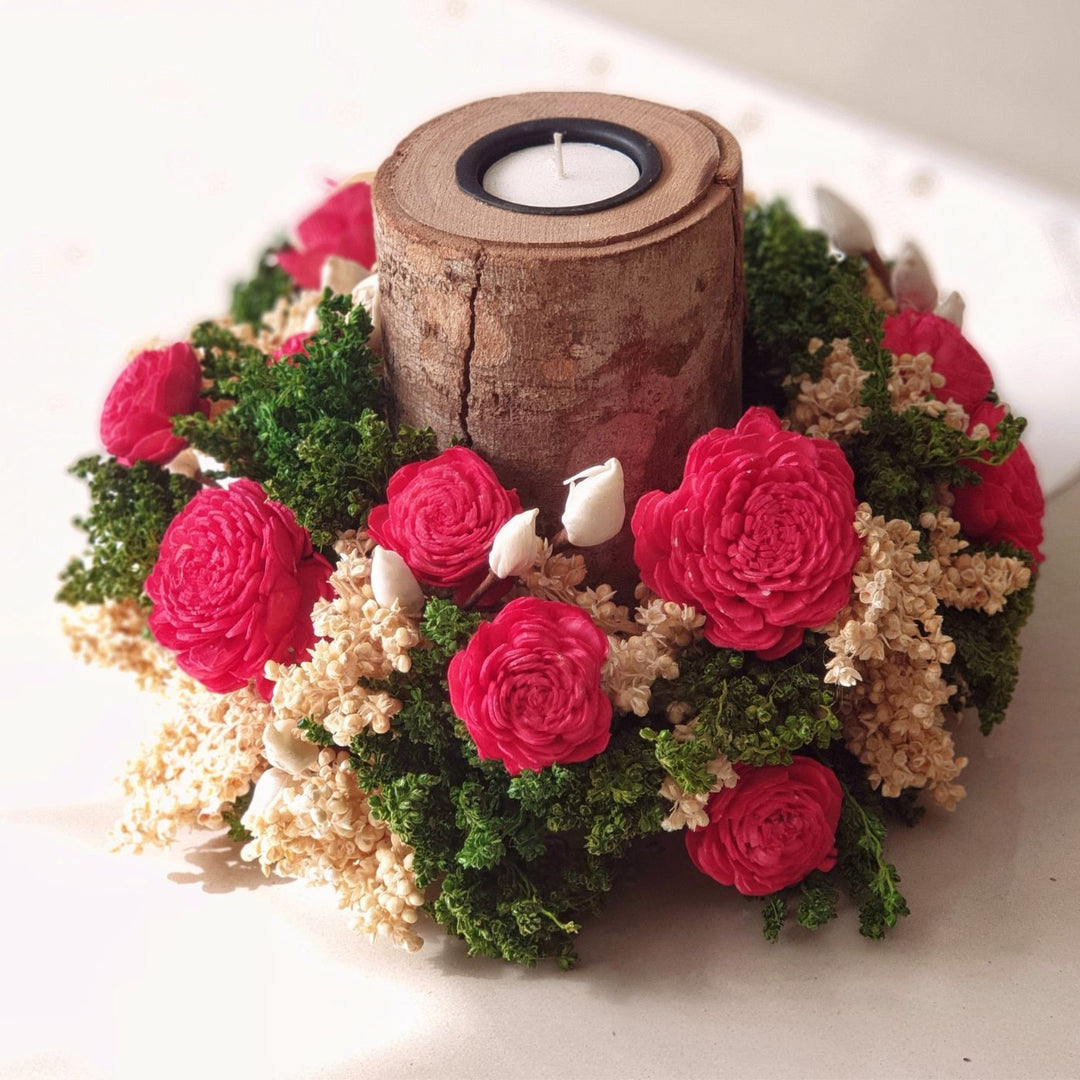 Handmade Elegant Red Shola Flower Centerpiece With Candle Holder