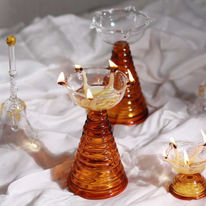 Handmade Amber Tall Borosil Glass Oil Lamp / Diya | 5.9  inch