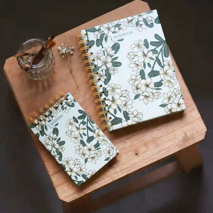 Handmade Frangipani Green Spiral Notebook and Notepad Set | 80 Pages