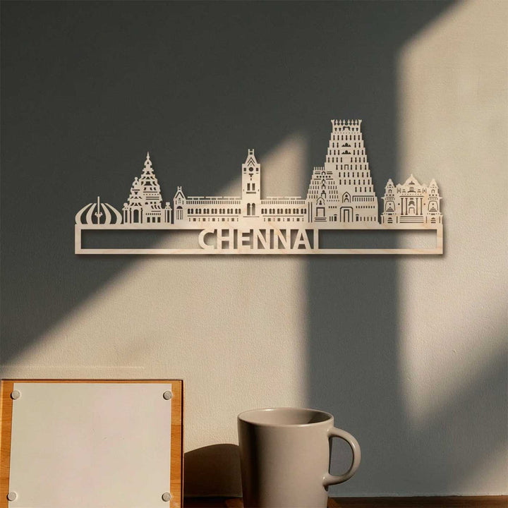 Printed Black Wooden Chennai City Skyline Wall Decor