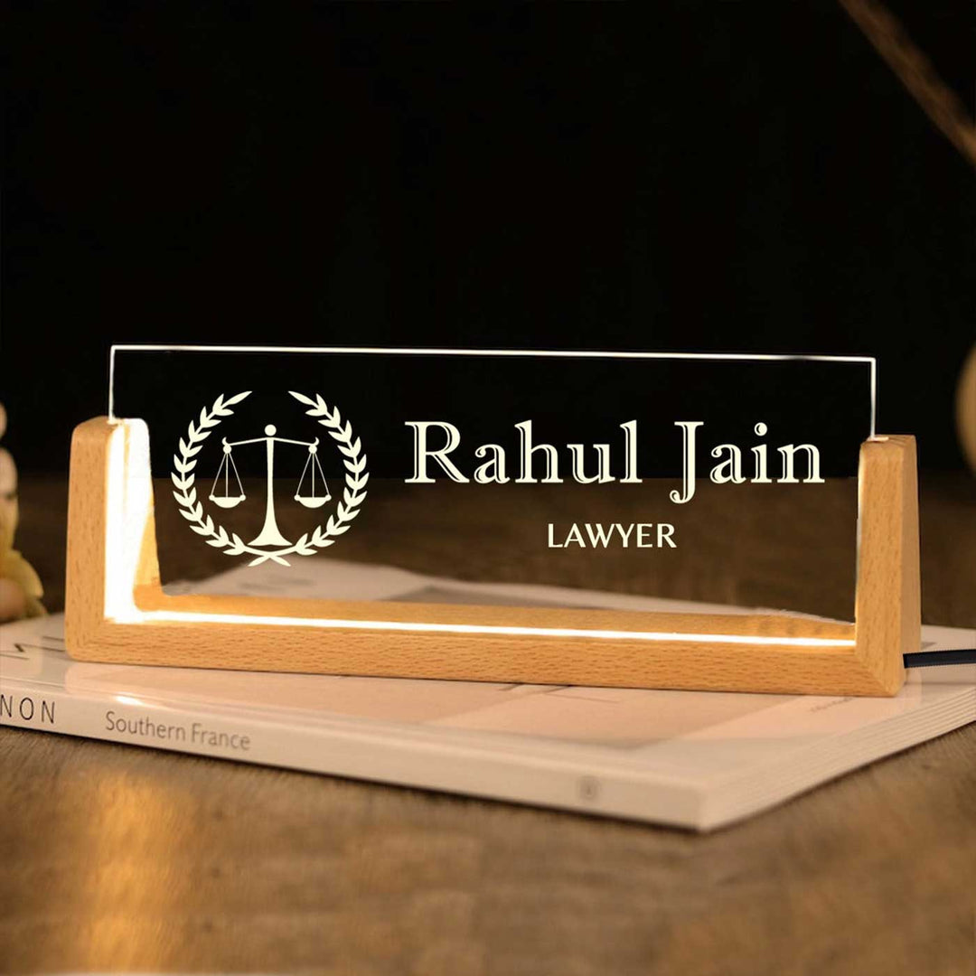 Personalized Lawyer Sleek Glass Desk Nameplate With LED Light