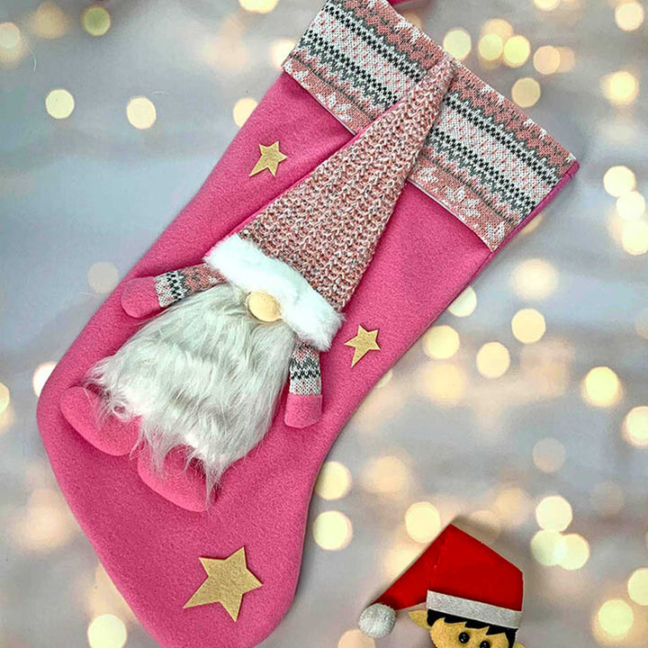 Handmade Pink Gnome Woolen Stockings For Christmas Decoration