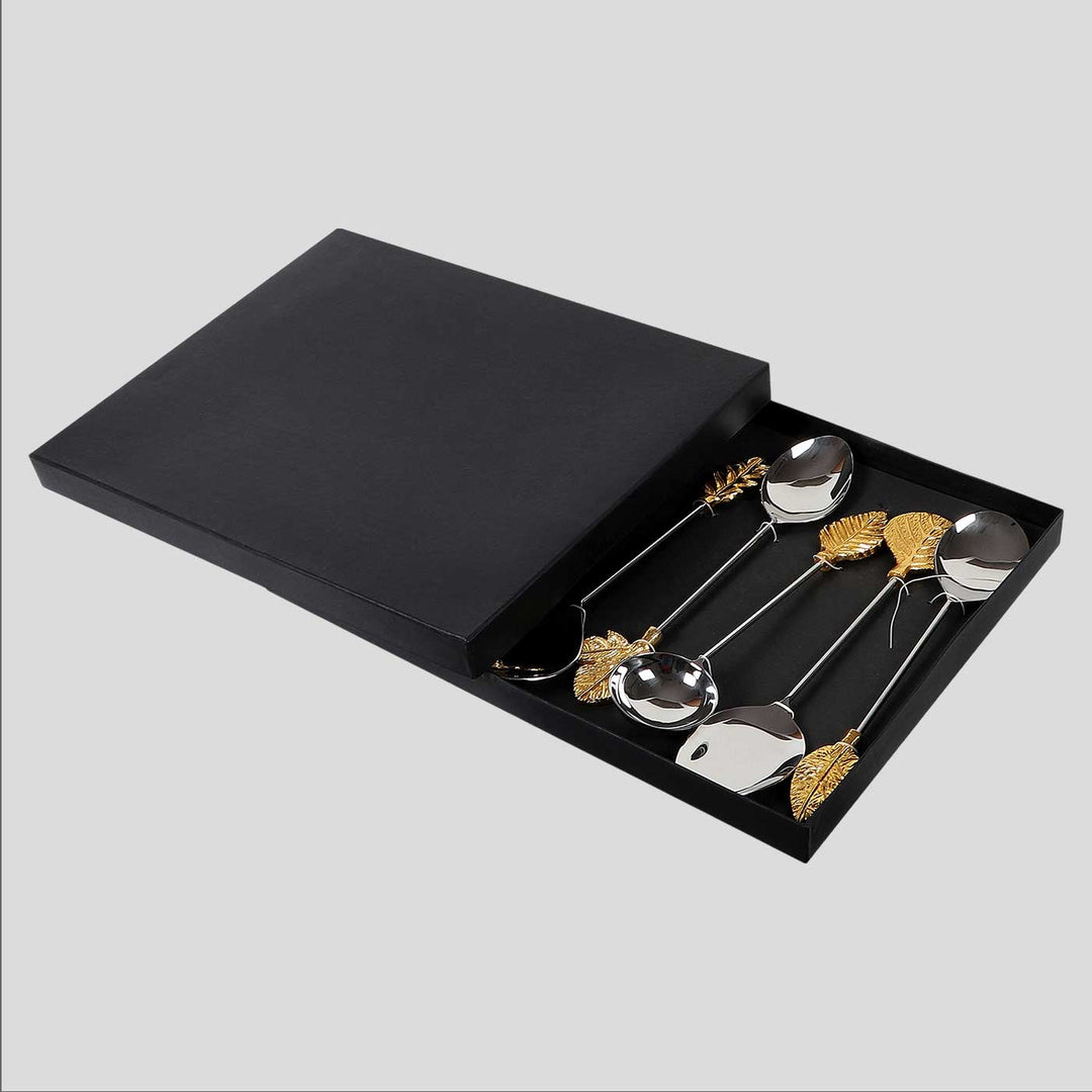 Handmade Gold Leaf Design Steel Serving Set | Set Of 8