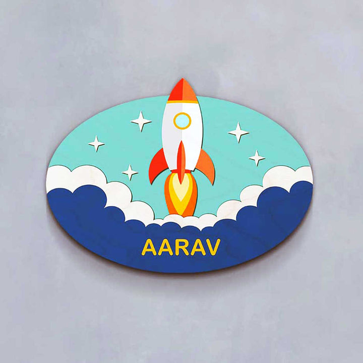 Personalised Rocket Theme 3D Oval Kids Nameplate